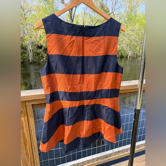 🧡 BANANA REPUBLIC Rust Orange and Navy Rugby Stripe Peplum Blouse. - Picture 4 of 8